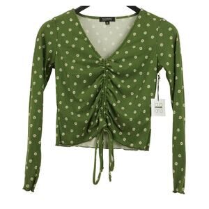 La La Land Creative Co Women's Ruched Crop Top Medium Sage Floral NWT V-Neck